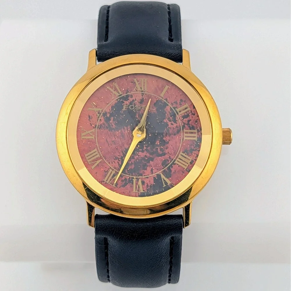 Vintage 1994 Fossil PC-7362 Unisex Watch Faceted Crystal Red Black Dial 34mm